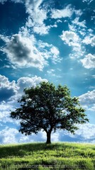 Obraz premium Majestic Lone Tree on Green Hilltop Under Expansive Blue Sky with Fluffy Clouds : Generative AI