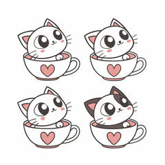 A Set of Cute Cat in Coffee Cup Vector Design Illustration