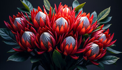 Vibrant red lotus flowers in lush green foliage
