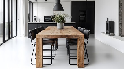 Modern Minimalist Dining Room with Wooden Table and Black Chairs