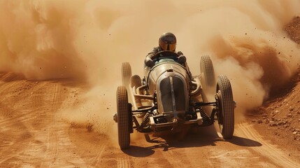 One racing car is travelling on the road and behind it the dust is blowing. A car with a helmeted driver is taking part in a race. Illustration for cover, card, interior design, poster, brochure, etc.