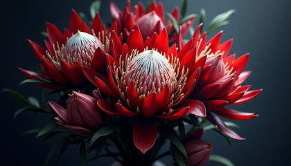 Red flowers in a vase with lush green leaves