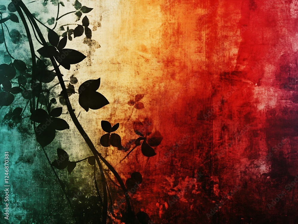 Poster abstract silhouette of leaves on rustic multicolor grunge background backdrop : generative ai