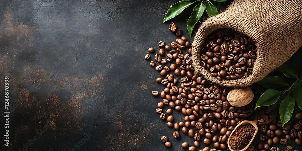 Aufkleber roasted coffee beans spilling from burlap sack on rustic table : generative ai