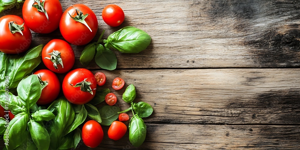Poster fresh red tomatoes and basil leaves on rustic wooden background : generative ai