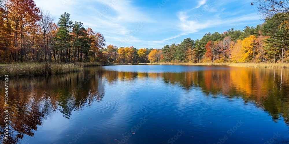 Poster serene autumn lake with colorful trees and clear blue sky reflection : generative ai