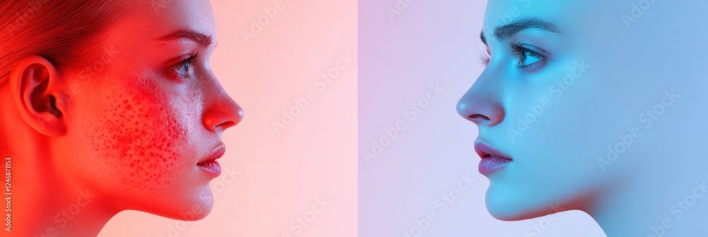 Aufkleber Visibly contrasting skin conditions display acne and smooth complexion side by side for comparison and discussion. Generative AI