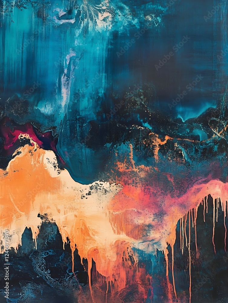 Poster bold abstract expressionist painting with dramatic blue and orange color palette and textured brushw