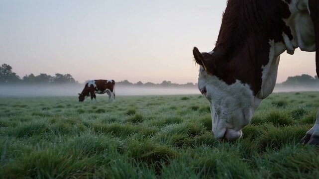 Misty pastoral landscape featuring hereford cow grazing peacefully at dawn, soft light illuminating grassy meadow with second cow foraging in background