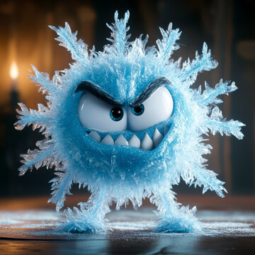 A fierce, anthropomorphic snowflake character with sharp teeth and furrowed brows, radiating icy energy in a winter-themed fantasy setting