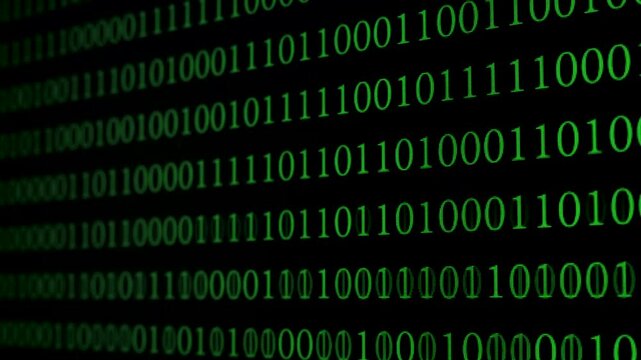 The digital background showcases a pattern of cascading binary code in bright green against a dark backdrop, emphasizing a modern technological theme.
