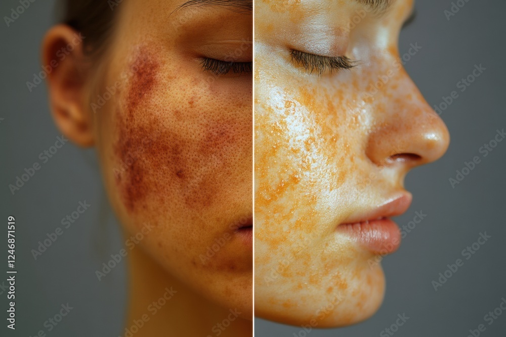 Aufkleber comparison of acne and redness on one side with smooth, glowing skin on the other side highlighting 