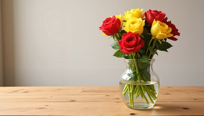 Fototapeta premium Vibrant fresh-cut roses in clear vase on wooden table, floral beauty