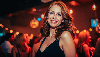 Portrait of a red-haired woman smiling in a festive indoor setting with warm lighting and lively ambiance.