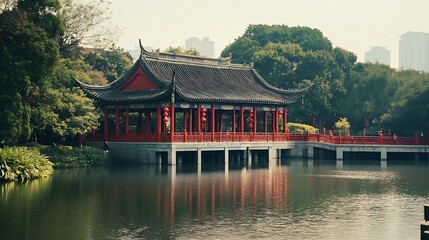Fototapeta premium Historic Chinese Pavilion by Serene Lake Reflecting Peaceful Nature : Generative AI