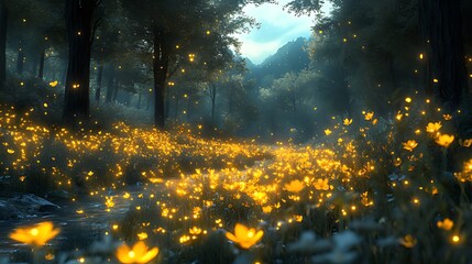 Magical firefly forest stream, fantasy background, game asset