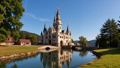 Obraz premium Majestic fairy tale castle reflecting on serene moat, magical ambiance