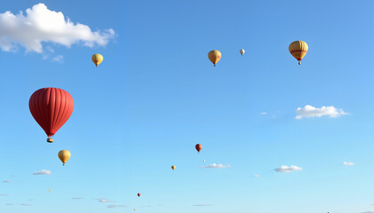 Fototapeta premium Colorful hot air balloons floating in blue sky with clouds, joy of flight