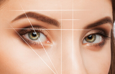 Permanent make-up for eyebrows of beautiful woman in beauty salon. Closeup beautician doing...