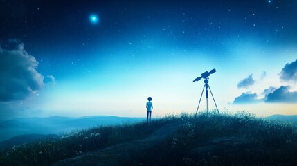 Child gazes at stars with a telescope.