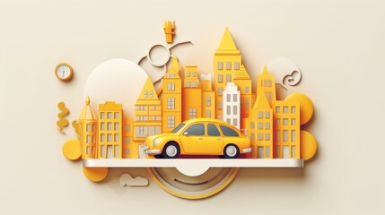 Naklejka premium Charming Yellow Cityscape: A Whimsical 3D Paper Art Illustration of a City with a Yellow Car