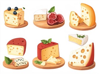 Assorted cheese blocks and slices on wooden boards with fruit and herbs in a simple style