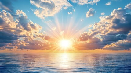 A hopeful sunrise breaking through the clouds, symbolizing a new beginning over a vast ocean horizon