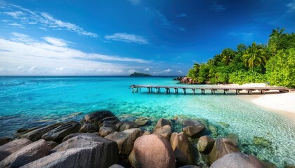 Vibrant summer retreat with turquoise waters and a scenic wooden pier