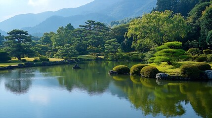 Fototapeta premium Scenic Mountain Lake Surrounded by Lush Green Trees in Serene Landscape : Generative AI