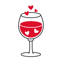 Glass of red wine with hearts doodle style Hand drawn trendy flat style love isolated icon Romantic symbol of love for web graphic design poster tattoo Valentines Day card line art Vector illustration
