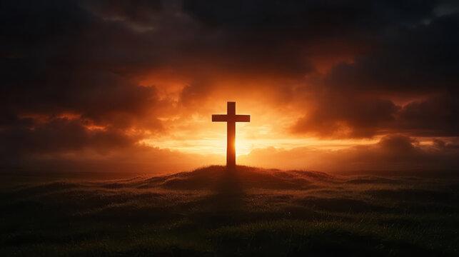 dramatic sunset illuminates cross silhouetted against dark clouds, evoking sense of peace and reflection. scene captures beauty of nature and spirituality