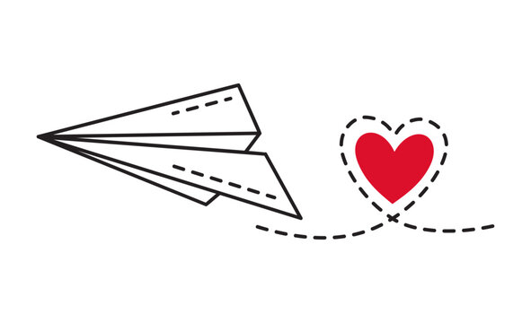 Paper love airplane doodle style Hand drawn trendy flat style love isolated icon Romantic symbol of love for web graphic design poster tattoo Valentines Day Greeting card line art Vector illustration