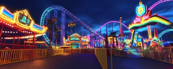 Obraz premium Colorful amusement park at night with lights.