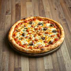 Freshly Baked Supreme Pizza with Stretchy Cheese on Wooden Board