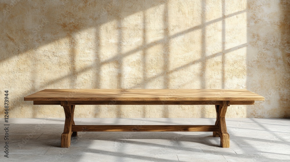 Wall mural Wooden bench positioned against a wall in a cozy indoor setting with natural light