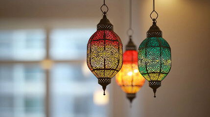 Obraz premium Three colorful hanging lanterns with intricate designs.
