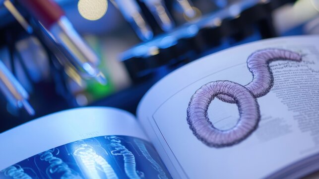 A close-up of medical textbooks explaining the lifecycle of a hookworm parasite in a laboratory setting