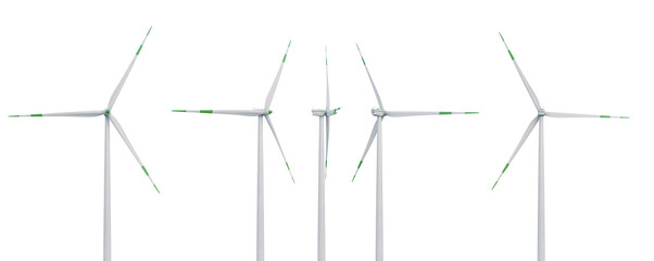 Wind turbine. Set of views: front, side, back, and isometric. Isolated on a white background. 3D illustration. © Orange Dragon Studio