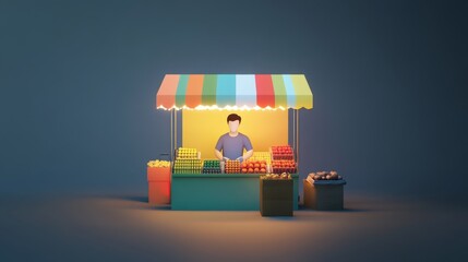 Colorful market stall with a friendly vendor.
