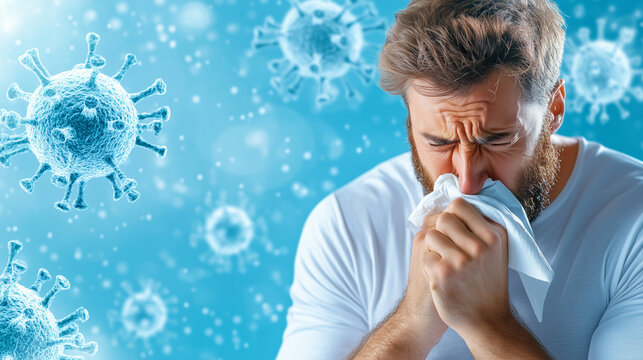 Man experiencing symptoms of illness with virus background