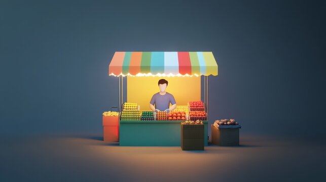 Colorful market stall with a friendly vendor.