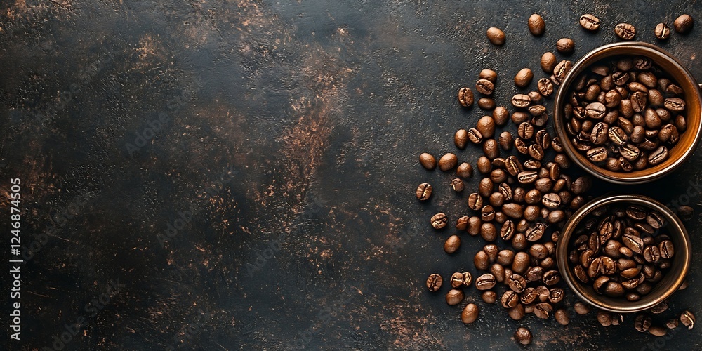 Poster coffee beans and ceramic cups on rustic dark background for cafe design concept : generative ai