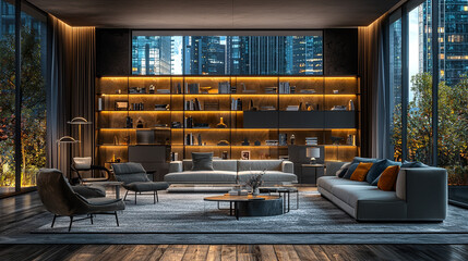 Modern luxury living room with city view at night.
