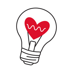 Light bulb with heart doodle style Hand drawn trendy flat style love isolated icon Romantic symbol of love for web graphic design poster tattoo Valentines Day Greeting card line art Vector illustratio