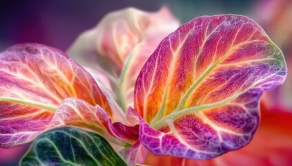 Close-up of vibrant rainbow-colored leaves.
Tropical leaves abstract background.