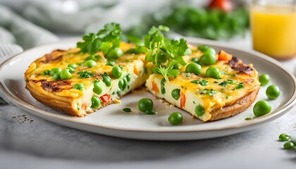 Frittata of eggs, potatoes, paprika, parsley, green peas, onions, cheese on a plate on light background