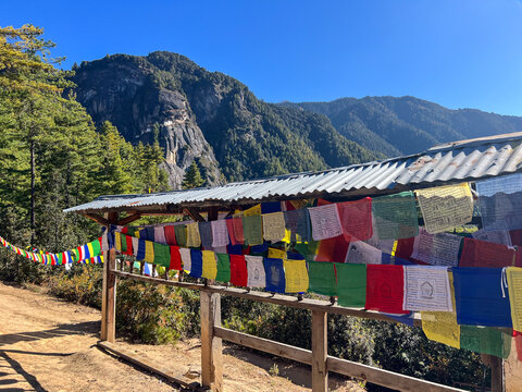 Rows of prayer flags hanging along the path to Tiger's Nest Monastery  (Paro Taktsang), Paro Valley, Bhutan