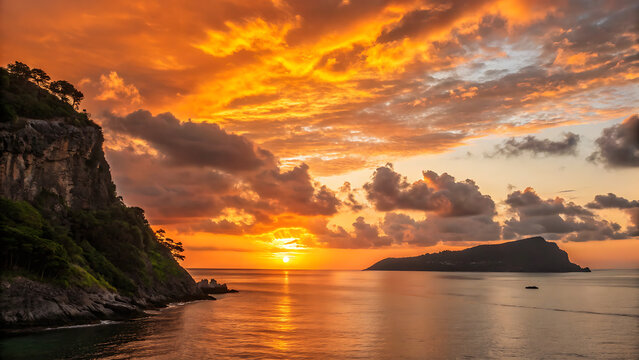 A dramatic sunrise over a tranquil ocean, featuring a dramatic rocky coastline with lush green foliage, an orange-gold sky filled with layered clouds, a silhouette of a distant island, and a calm, ref