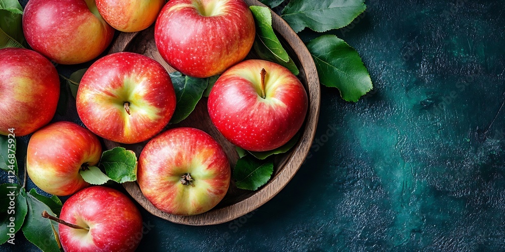 Poster red apples in wooden bowl with green leaves on dark rustic surface : generative ai