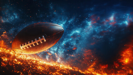 Fototapeta premium Burning american football ball. Fire embers particles over black background. Fire sparks background. Poster with copy space.